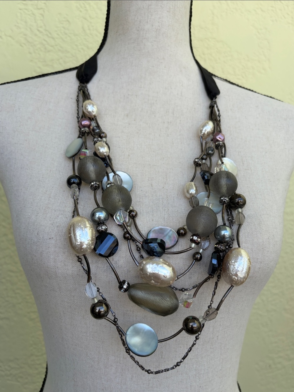 Chico's Multi-Strand Pearl & Bead Necklace - Gray, Cream, Black